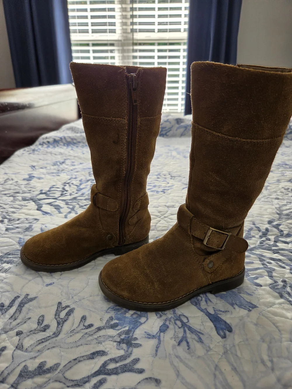 Girl's Tall Suede Buckle Heeled Boots - Brown